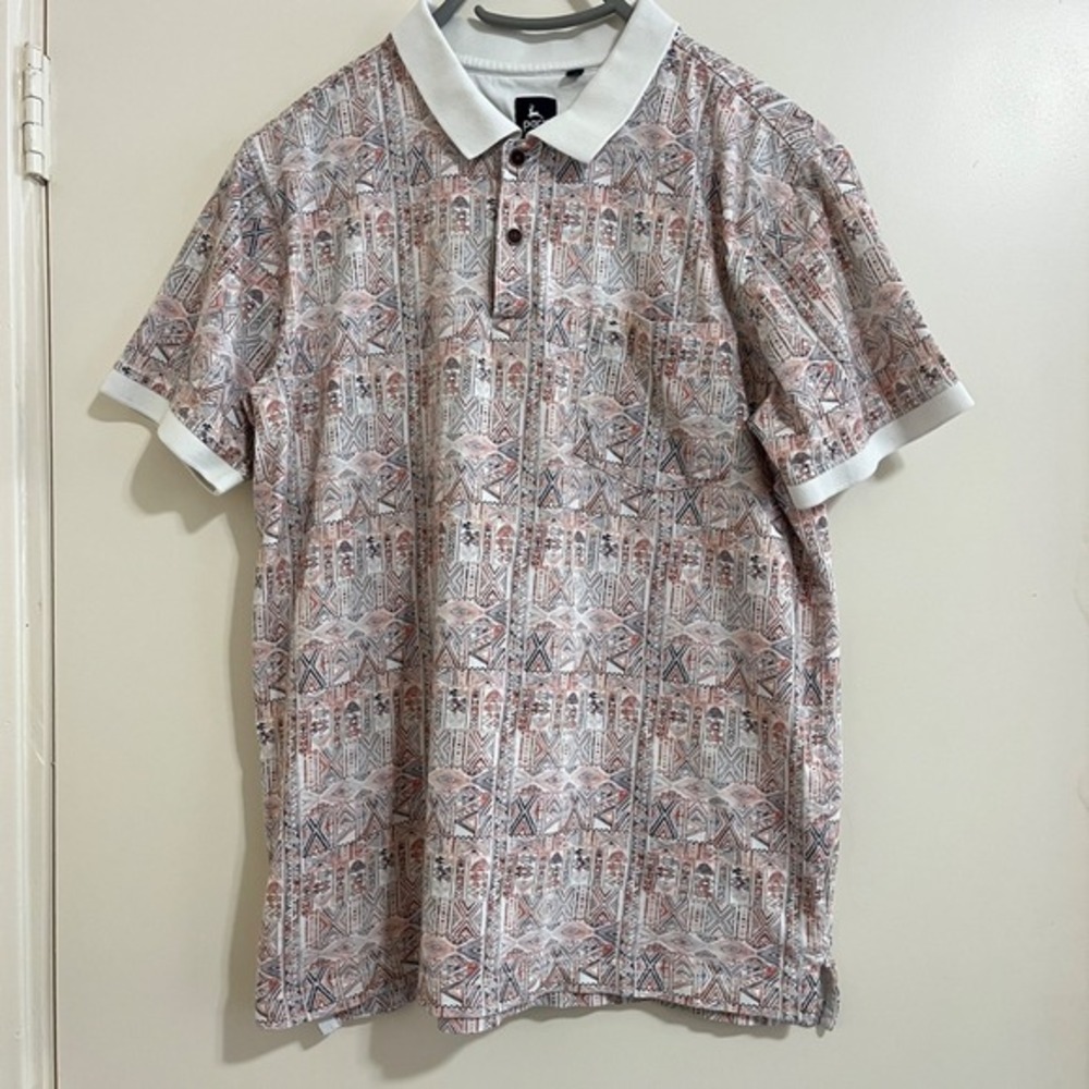 Y2K Geometric Print Polo Shirt Men Large Preppy‎ Golf Resort Casual Vacation Dad